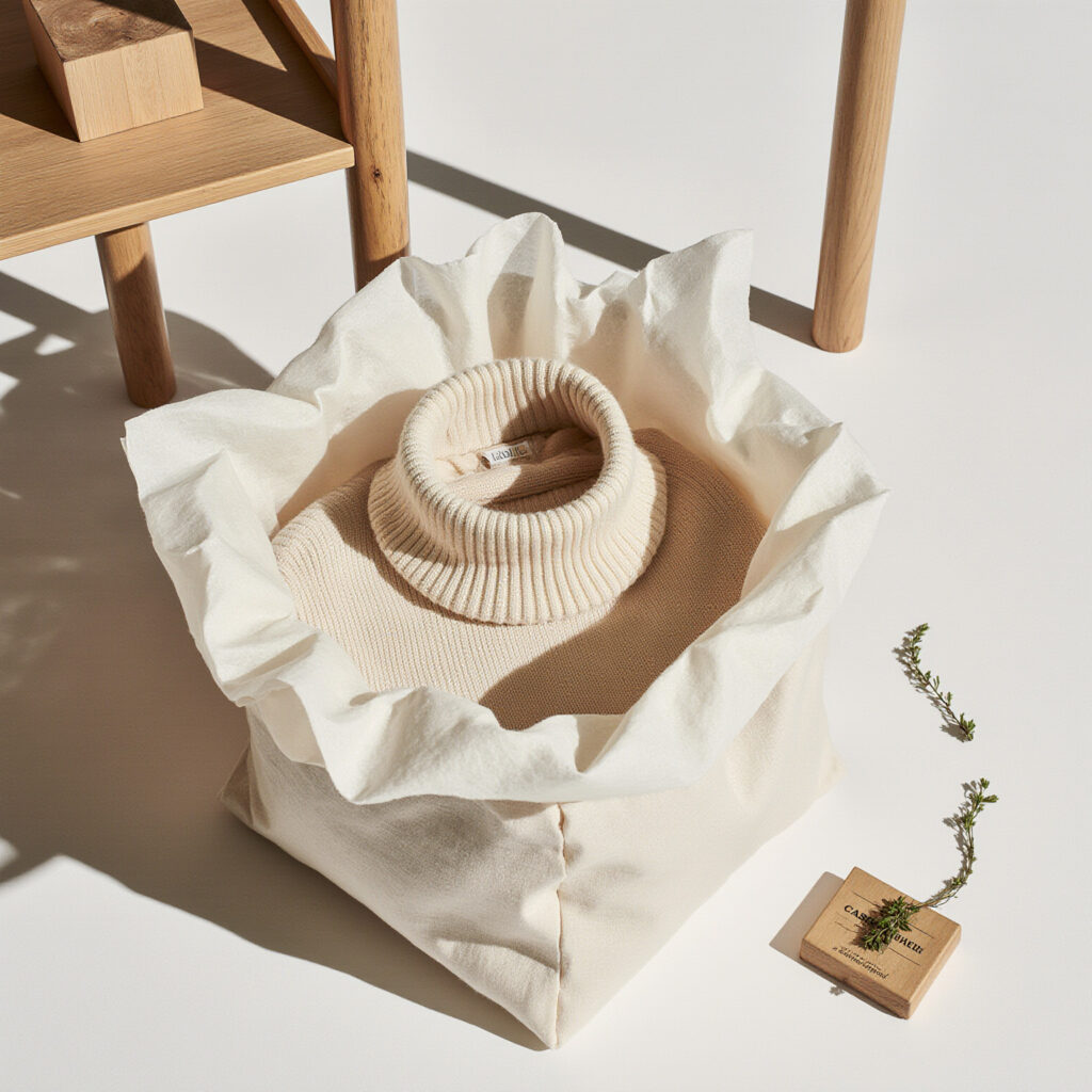 Folded cashmere turtleneck stored in a protective garment bag with natural cedar.