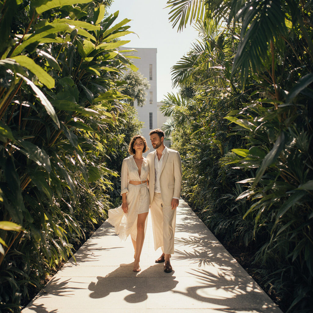 Couple walking through lush greenery in light, eco-friendly resort attire.