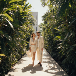 Couple walking through lush greenery in light, eco-friendly resort attire.