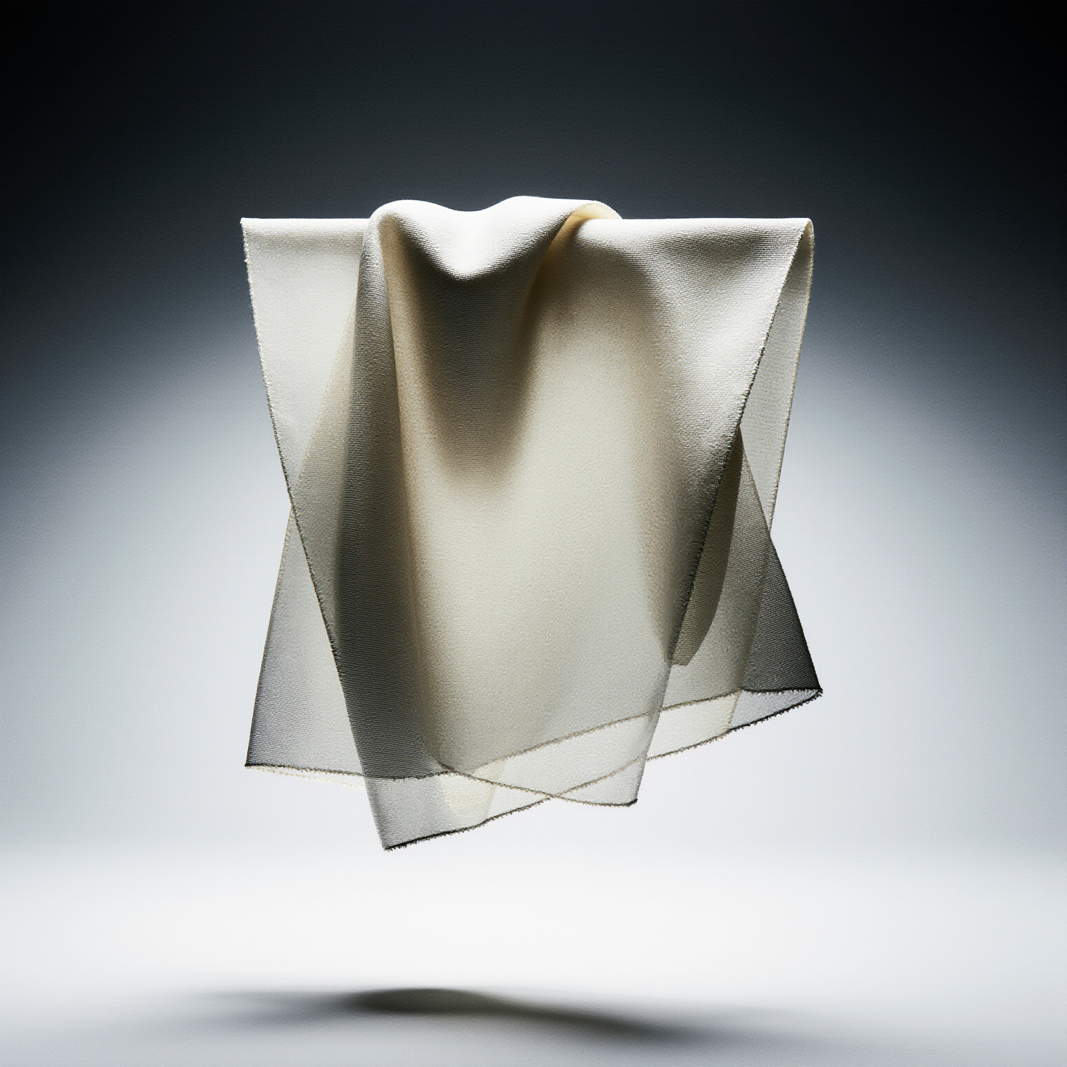 Sheer luxury fabric floating against a soft gradient background.