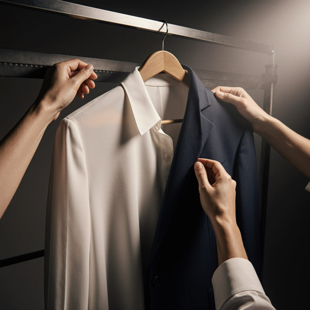 Professional garment inspection and care for business attire by Sudsies Dry Cleaners