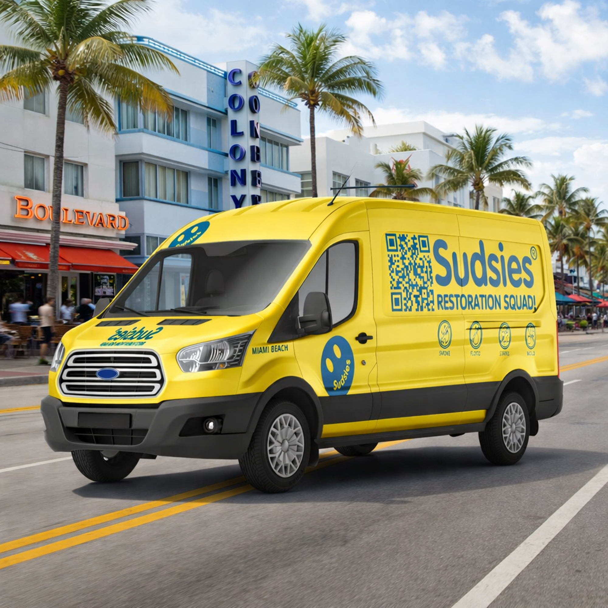 Yellow Sudsies Dry Cleaners restoration van driving along Ocean Drive in Miami Beach