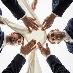 Team members collaboratively handling a luxury garment with precision and care.