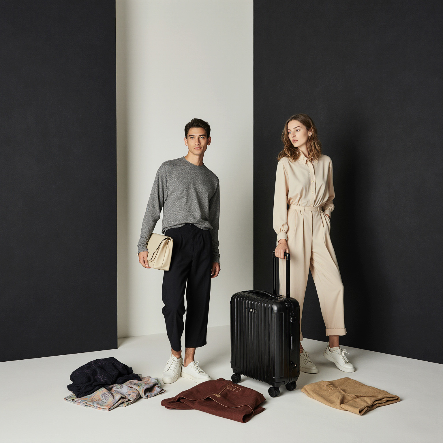 Stylish travelers standing with luggage and neatly packed garments laid out for care.