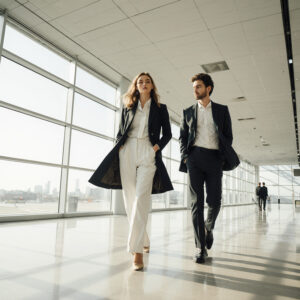 Professionals walking through a bright airport terminal in tailored travel attire.