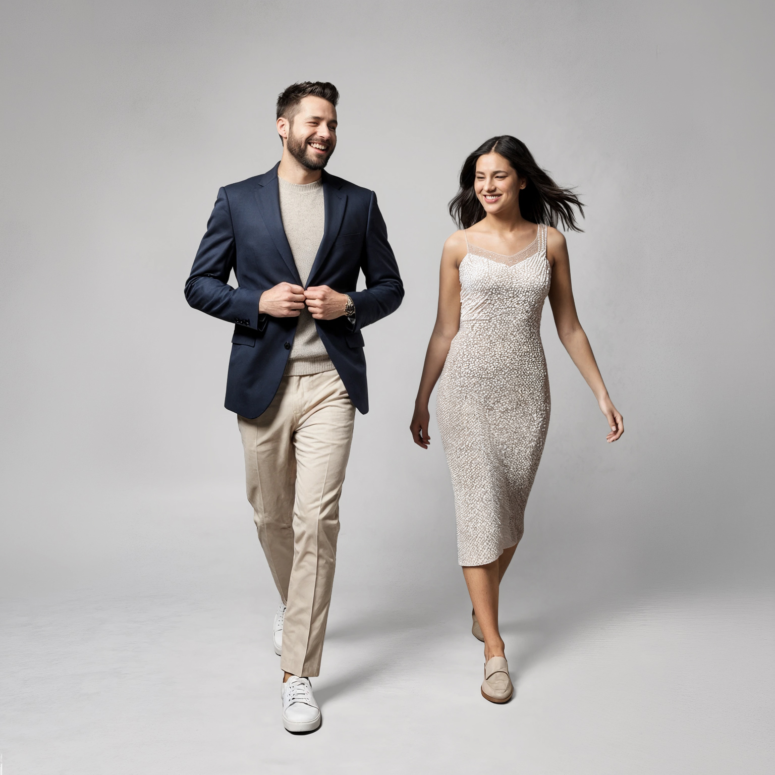 Two stylish professionals in mid-motion against a light grey studio backdrop, reflecting Miami energy at BLYS Apartments with garments cared for by Sudsies.