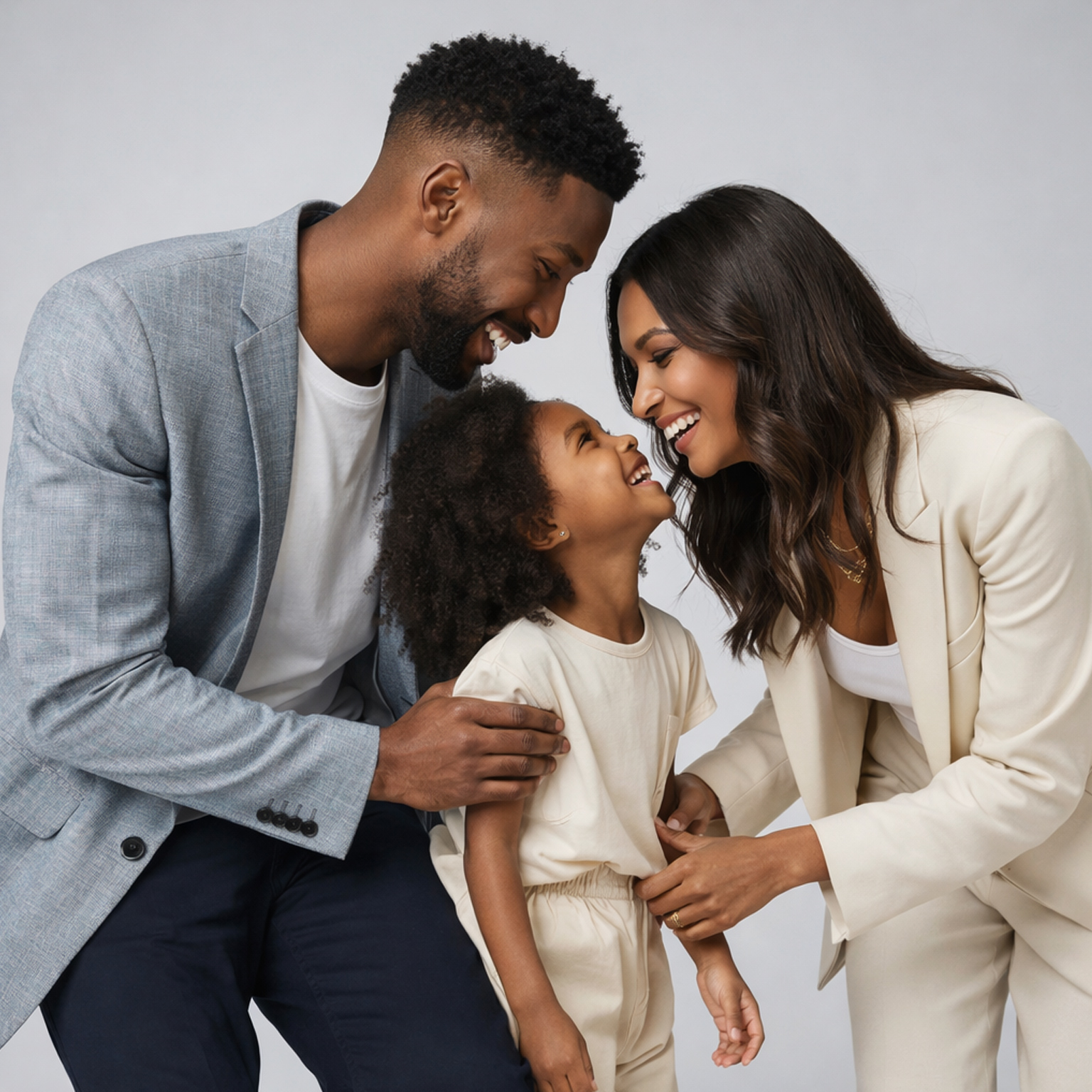 Stylish family of three sharing a candid, joyful moment in a light grey studio, reflecting elevated living at Gables Riverwalk with Sudsies care.