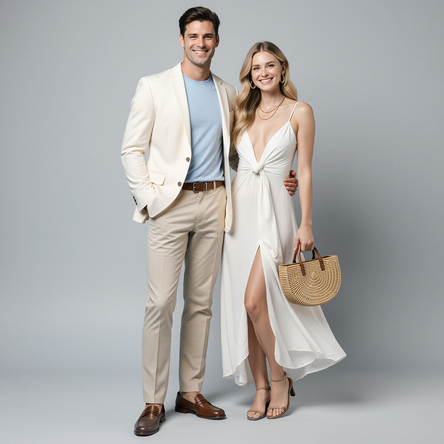 Well-dressed couple standing together in a photo studio against a light grey backdrop, wearing neutral-toned, modern resort-style outfits.