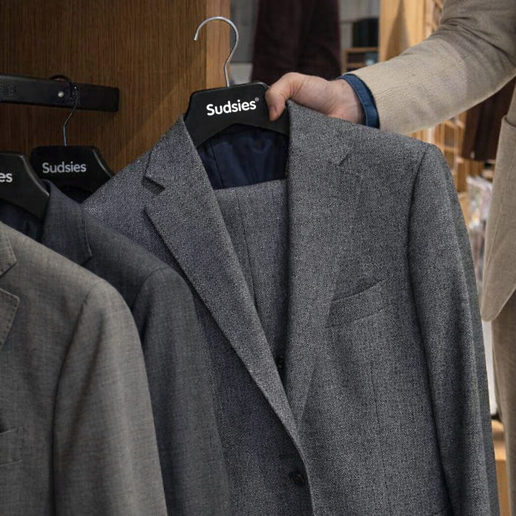 A person selects a Mond gray suit jacket from a refined wooden closet
