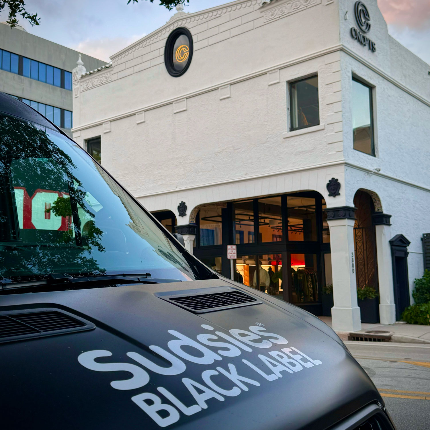 Sudsies Black Label van parked outside Sudsies boutique at 405 Federal Hwy Boca Raton