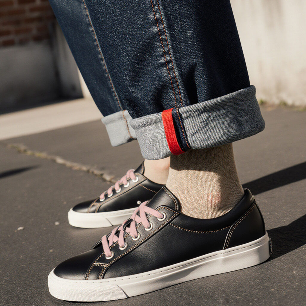 Cuffed selvedge denim jeans showing red edge detail with sneakers