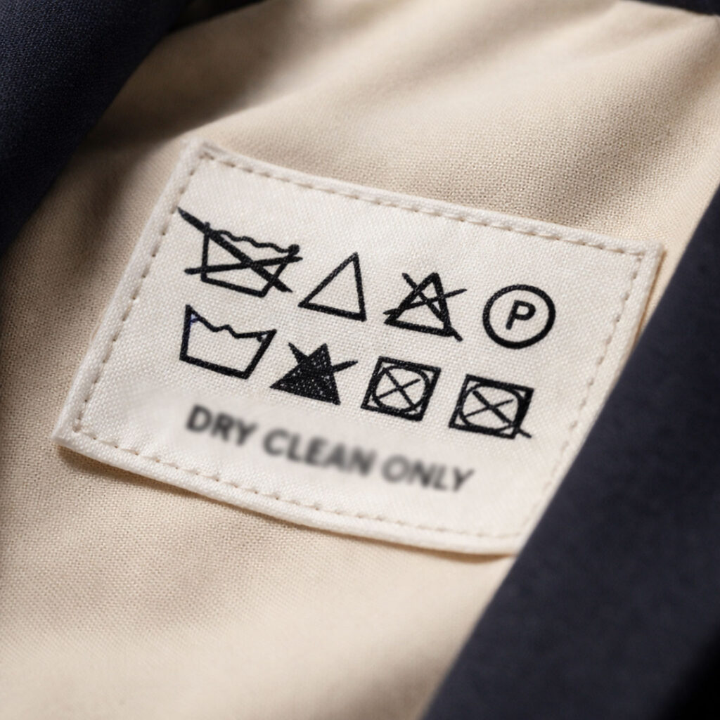 Clothing care label showing washing symbols and dry clean only instructions