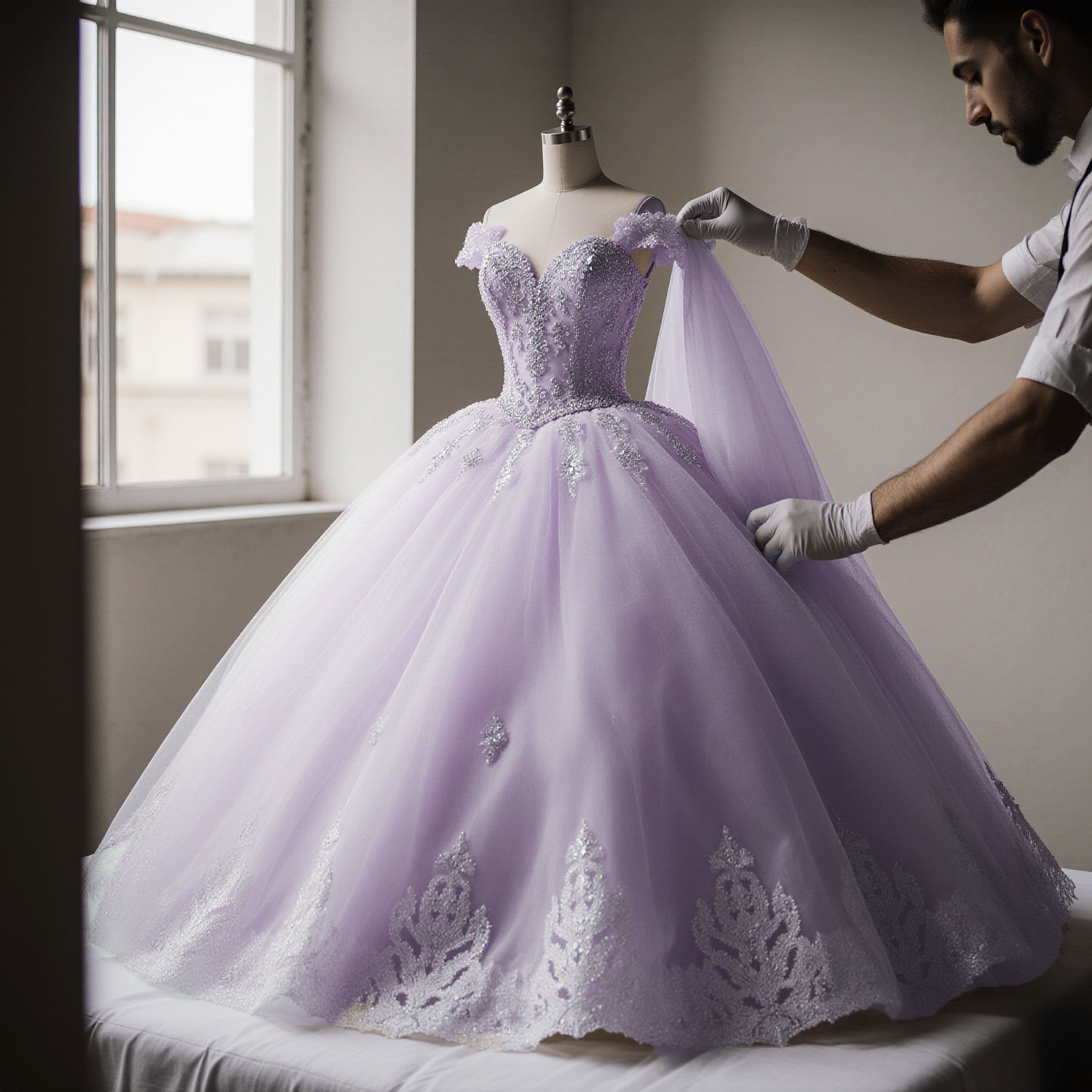 Quinceañera dress in lavender with intricate embroidery being handled by garment specialist