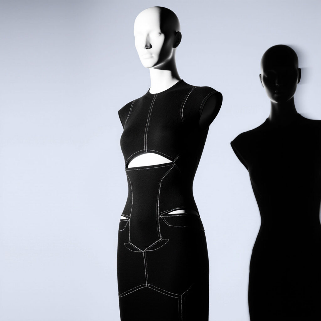 Black structured dress on mannequin with contrast stitching and modern silhouette