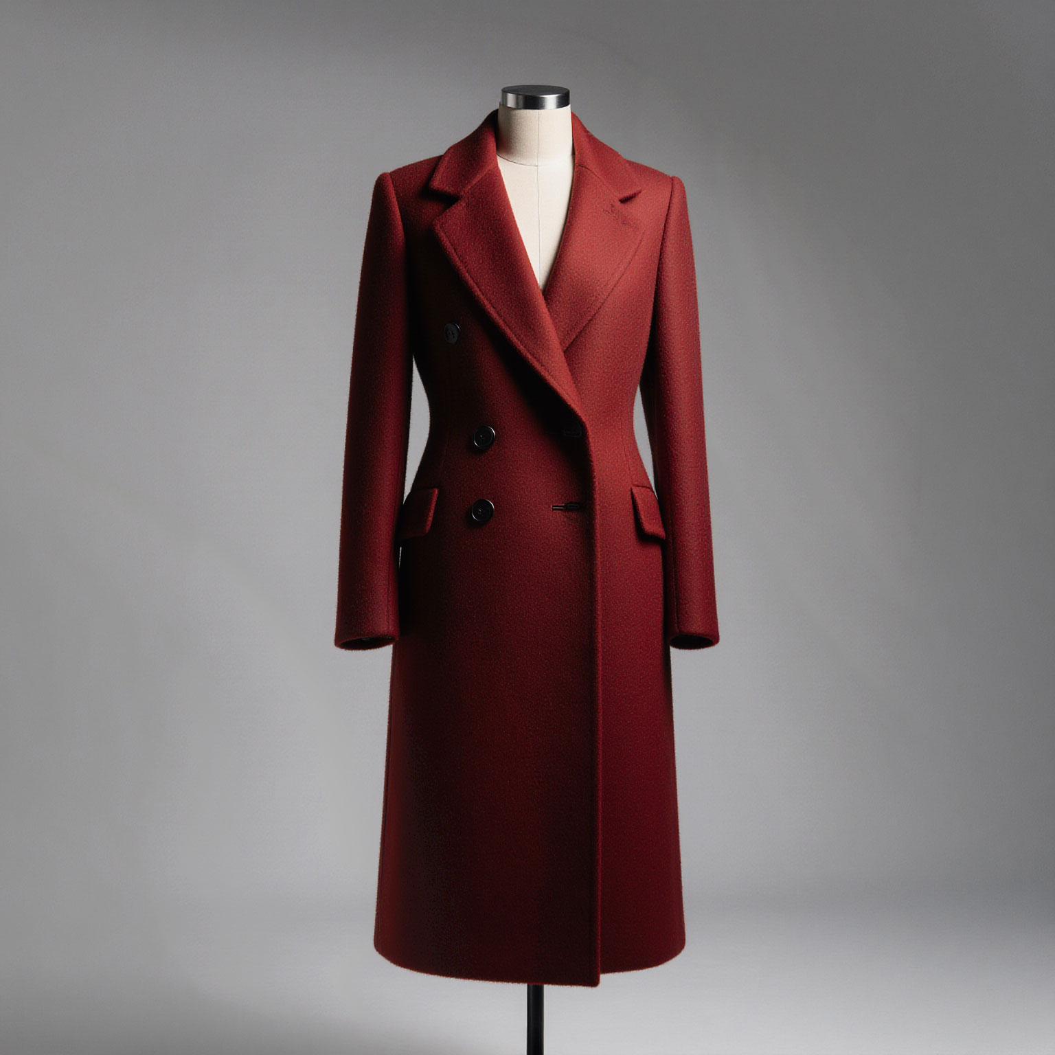 Red tailored wool coat on mannequin with structured lapels and double-breasted design