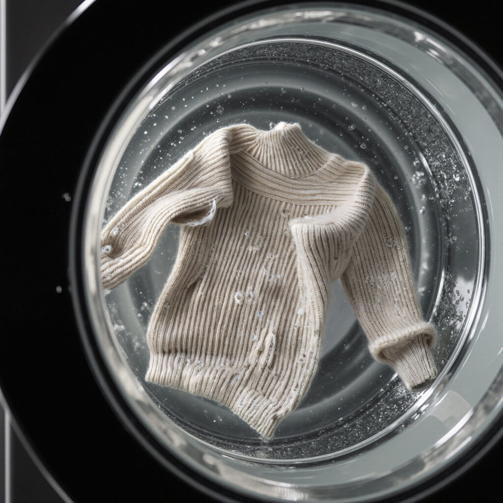 Wool sweater inside washing machine drum on gentle cycle with water