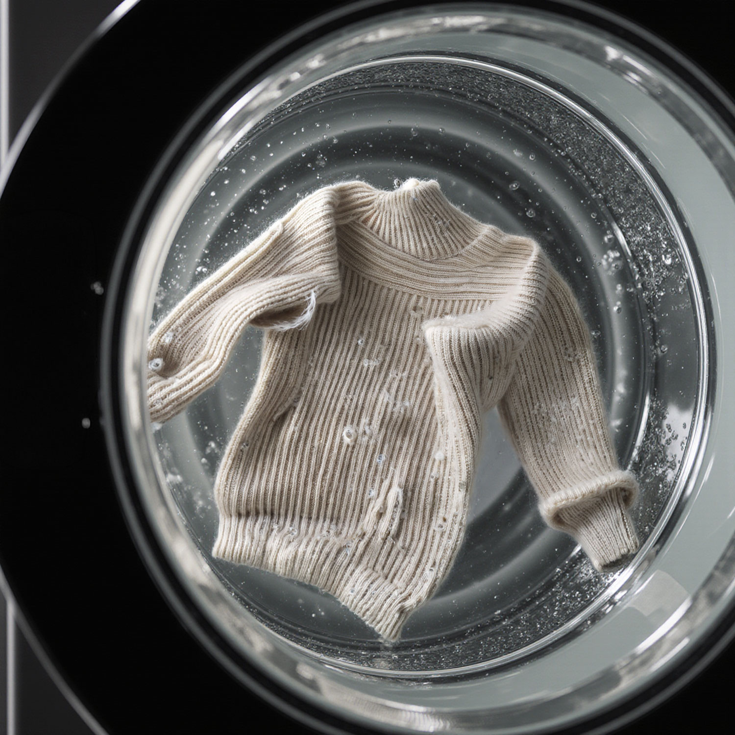 Wool sweater inside washing machine drum on gentle cycle with water