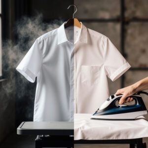 Comparison of steaming and ironing a white shirt showing wrinkle removal methods