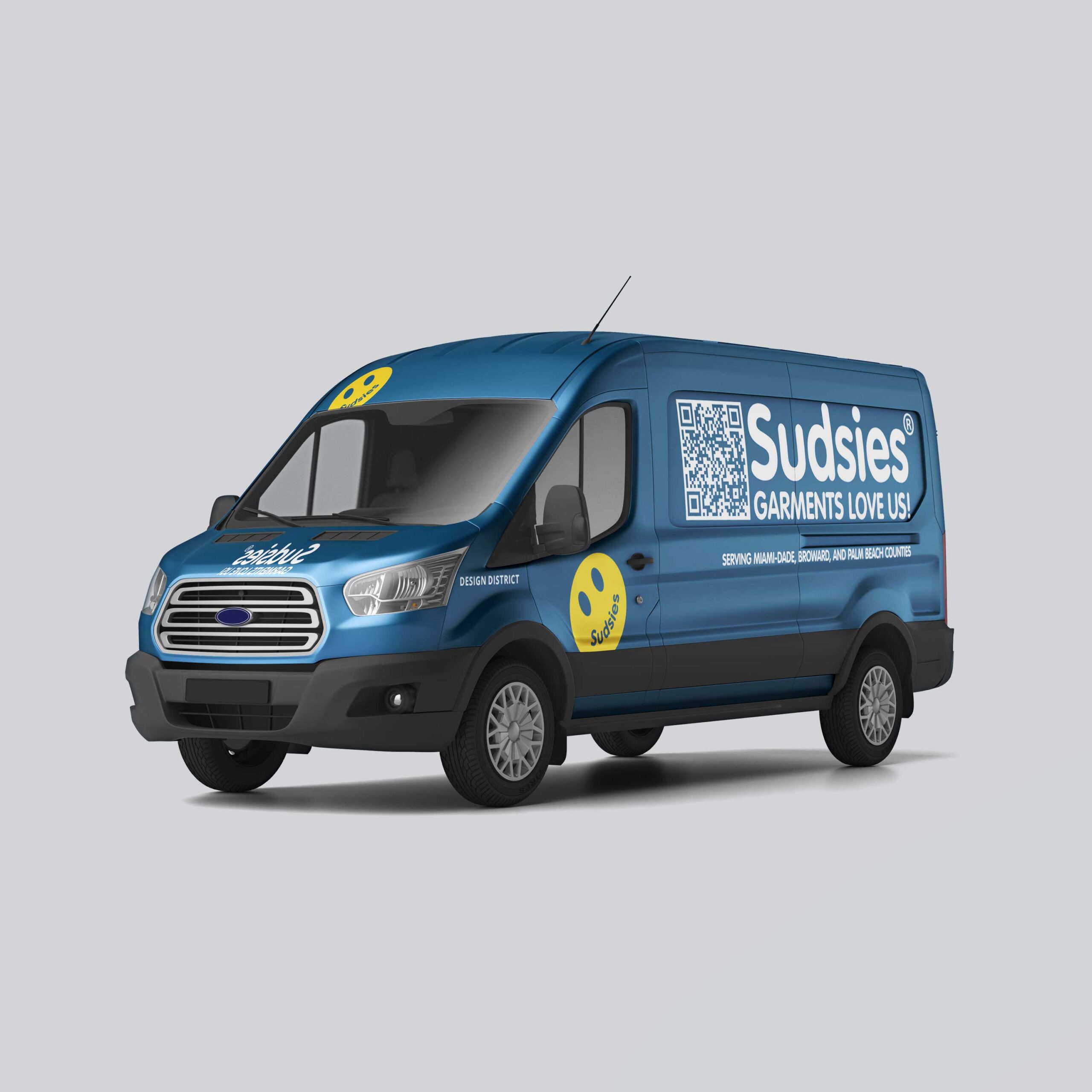 Blue Sudsies delivery van with branded logo and QR code on the side.