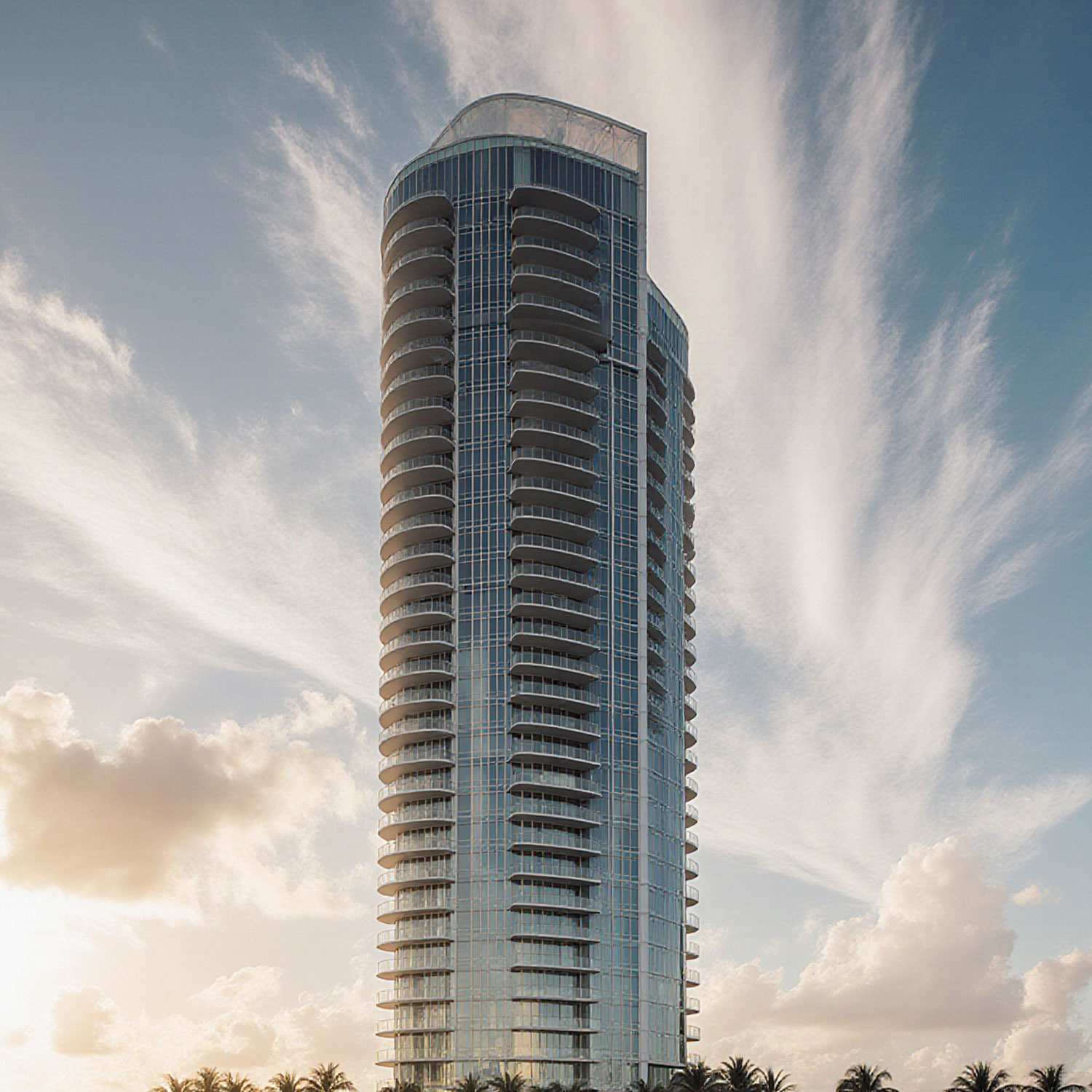 UNA Residences luxury waterfront tower in Miami with curved glass balconies and skyline views