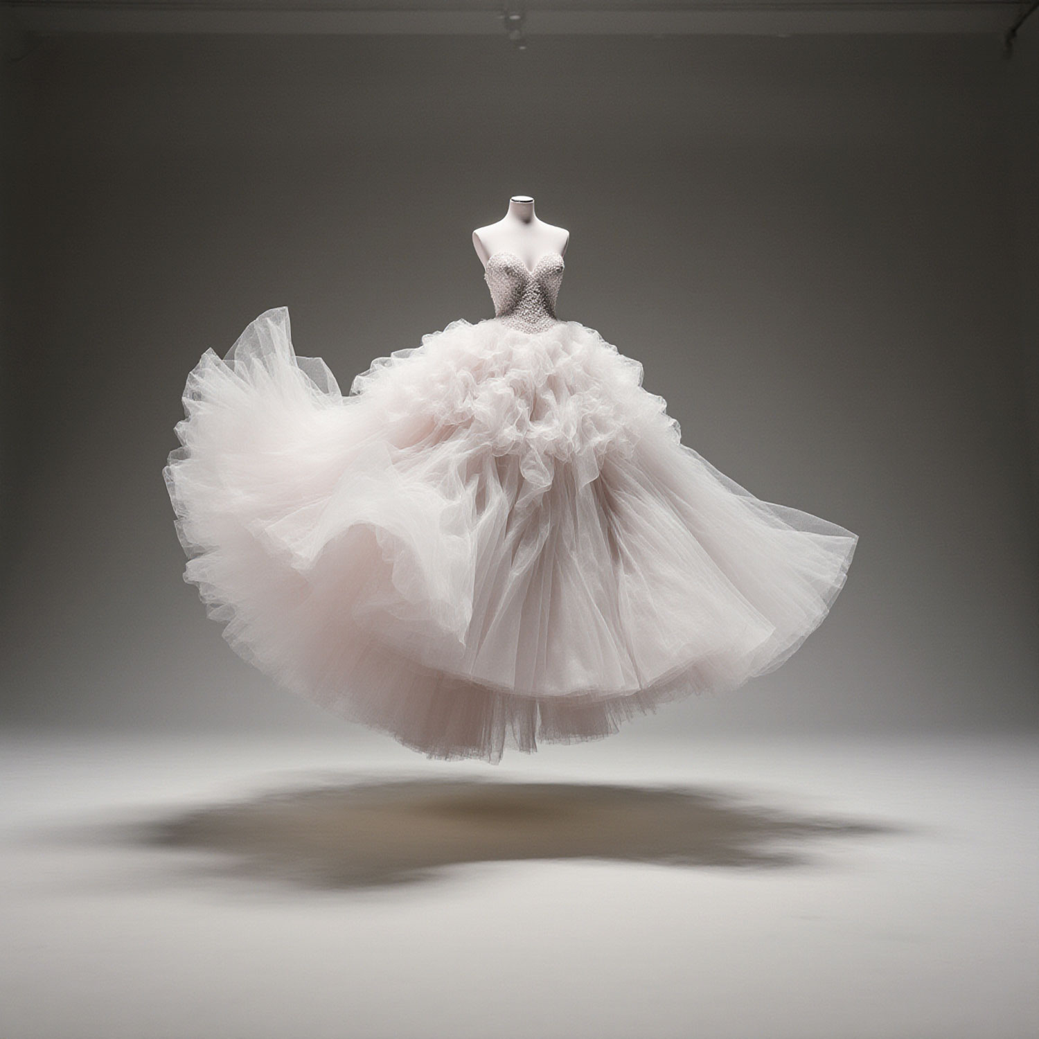 Strapless wedding dress with layered tulle skirt displayed on mannequin in studio