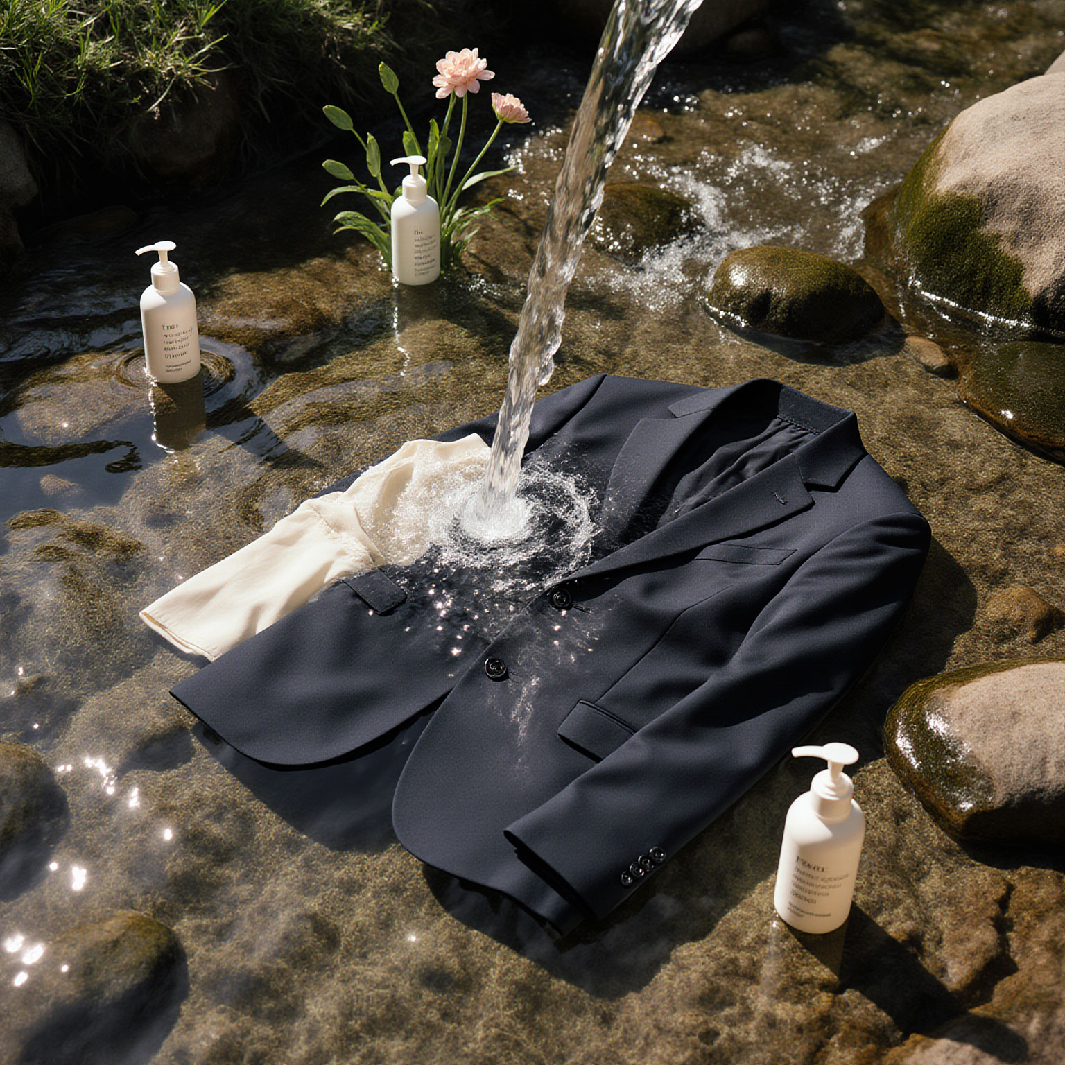 Eco-friendly garment cleaning concept with suit being rinsed in natural water stream