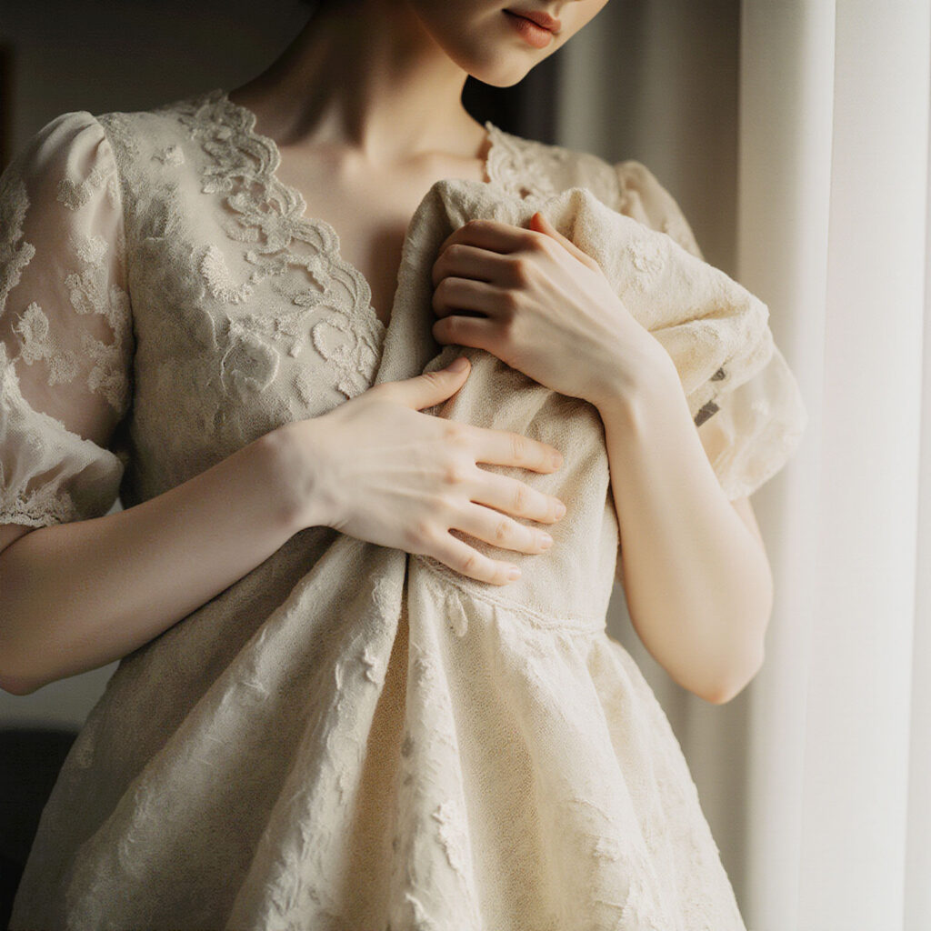 Delicate lace garment held carefully to highlight luxury fabric care and preservation
