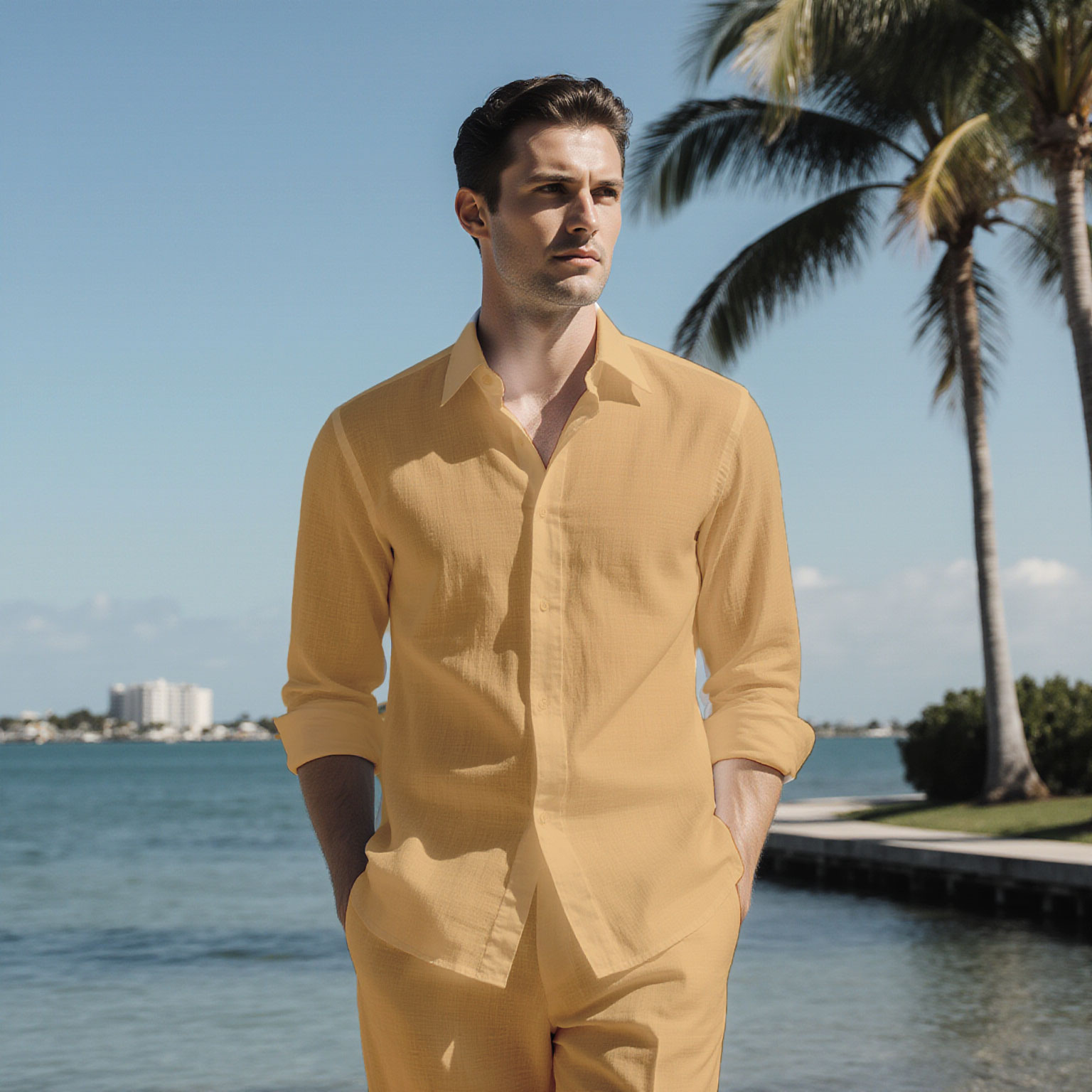 Man in lightweight resort outfit by the water representing clean, breathable garments cared for by Sudsies