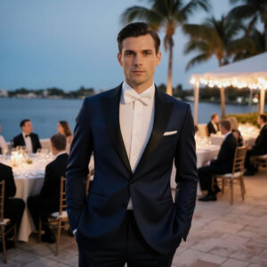 Evening Formalwear Perfected by Sudsies | Sudsies Man in formal tuxedo at waterfront evening event wearing professionally cleaned attire by Sudsies