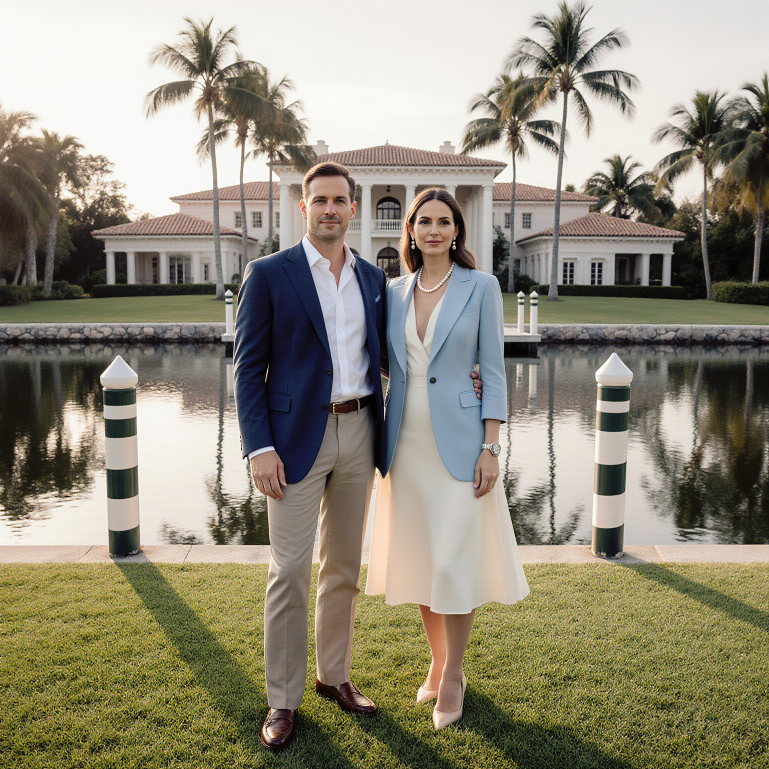 Well-dressed couple in luxury waterfront setting wearing garments maintained by Sudsies