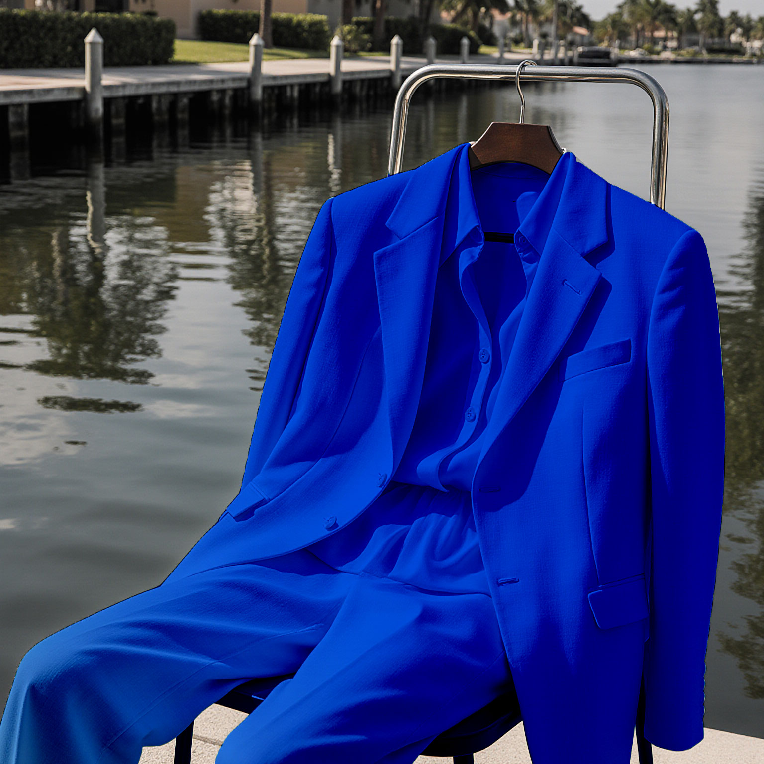 Bright blue suit hanging by waterfront showcasing fresh, pressed garments by Sudsies