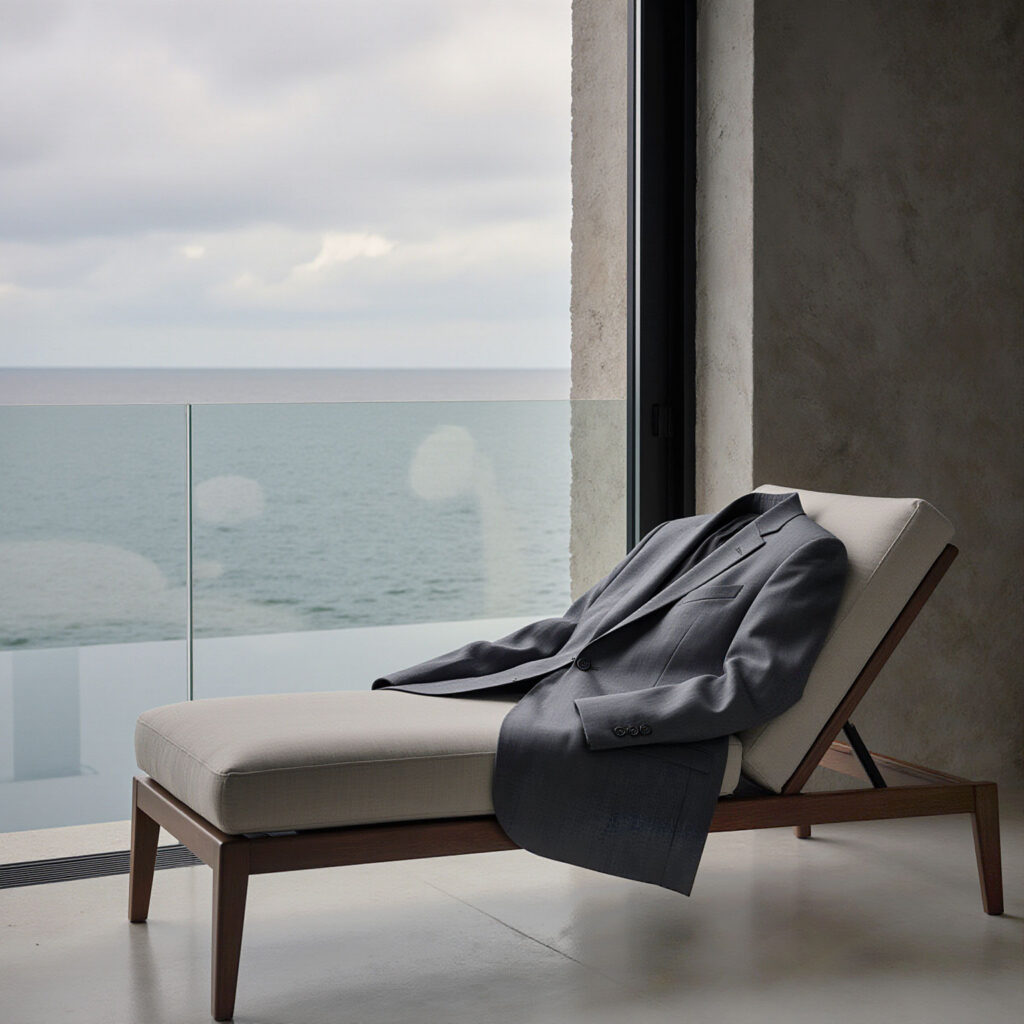 Freshly cleaned suit resting on lounge chair overlooking ocean, representing Sudsies garment care