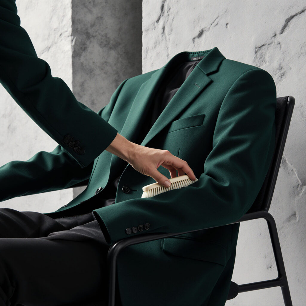 Detailing and brushing a tailored jacket to maintain fabric quality and appearance with Sudsies care