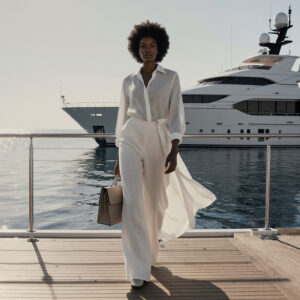 Woman in elegant white resortwear walking along a marina dock beside a luxury yacht, reflecting upscale coastal fashion and luxury garment care.
