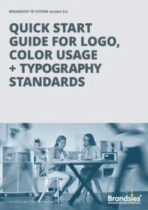 Cover page for Brandsies ID System v9.0 Quick Start Guide: logo, color usage and typography standards; office scene with colleagues and the Brandsies logo.