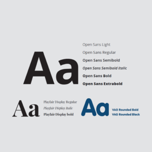 Typography reference sheet displaying Open Sans, Playfair Display, and VAG Rounded font families with multiple weights and styles.