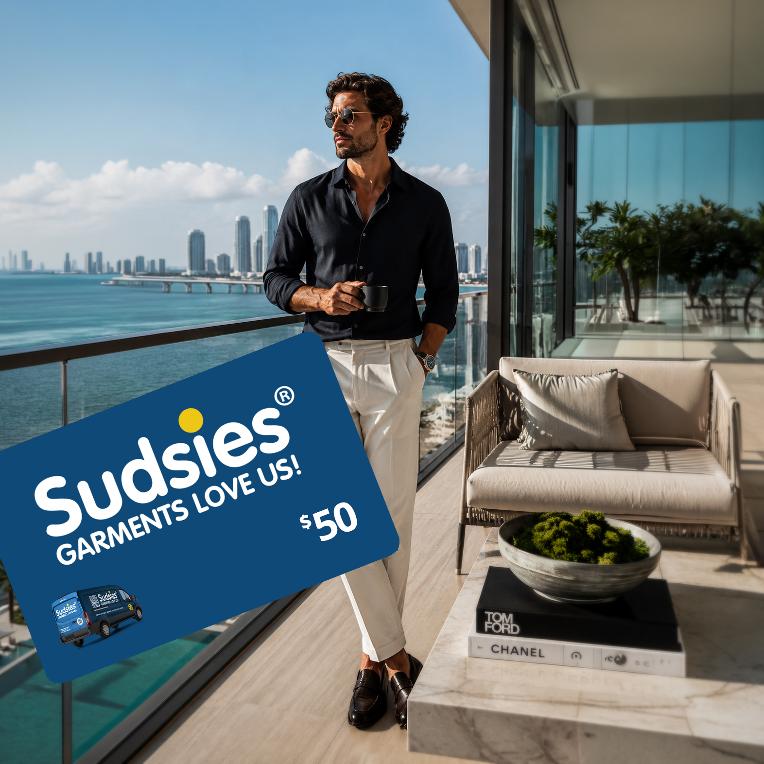 A stylish resident stands on a luxury high-rise balcony at Gran Paraiso in Miami's Edgewater neighborhood, enjoying a morning coffee while overlooking Biscayne Bay. Dressed in refined resort-inspired attire, he gazes toward the waterfront skyline as sunlight illuminates the bay, palm-lined pool deck, and surrounding luxury towers, capturing the relaxed sophistication of Miami waterfront living.
