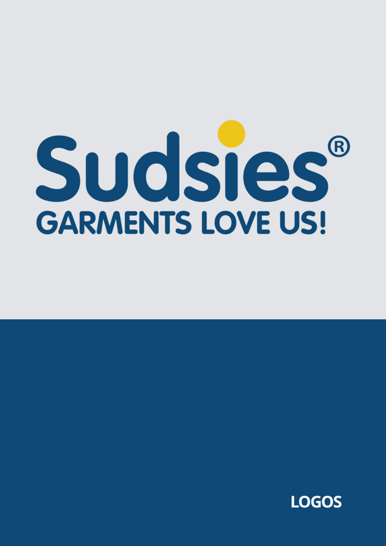 Sudsies logo with the slogan 'GARMENTS LOVE US!' in bold blue letters on a light gray background and a yellow dot above the 'i'. Bottom dark blue stripe with a white 'LOGOS' mark at the lower-right.
