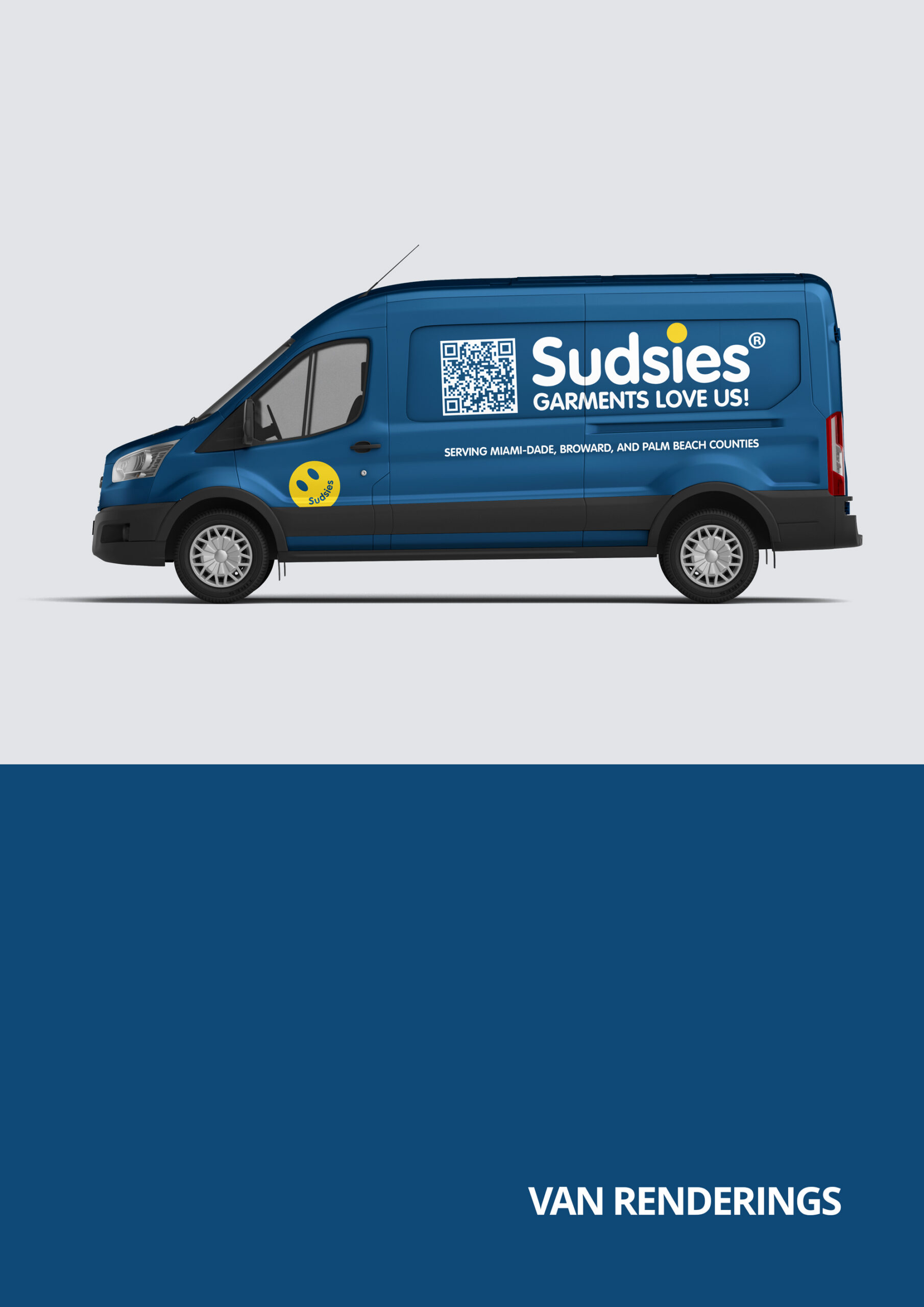 Blue delivery van with Sudsies branding, a QR code, and the slogan'GARMENTS LOVE US!' on the side.