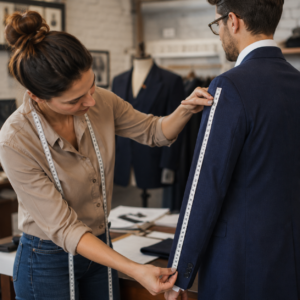 Popular Alterations blog | Sudsies Tailor takes measurements on a man in a navy suit using a measuring tape, in a workshop setting.