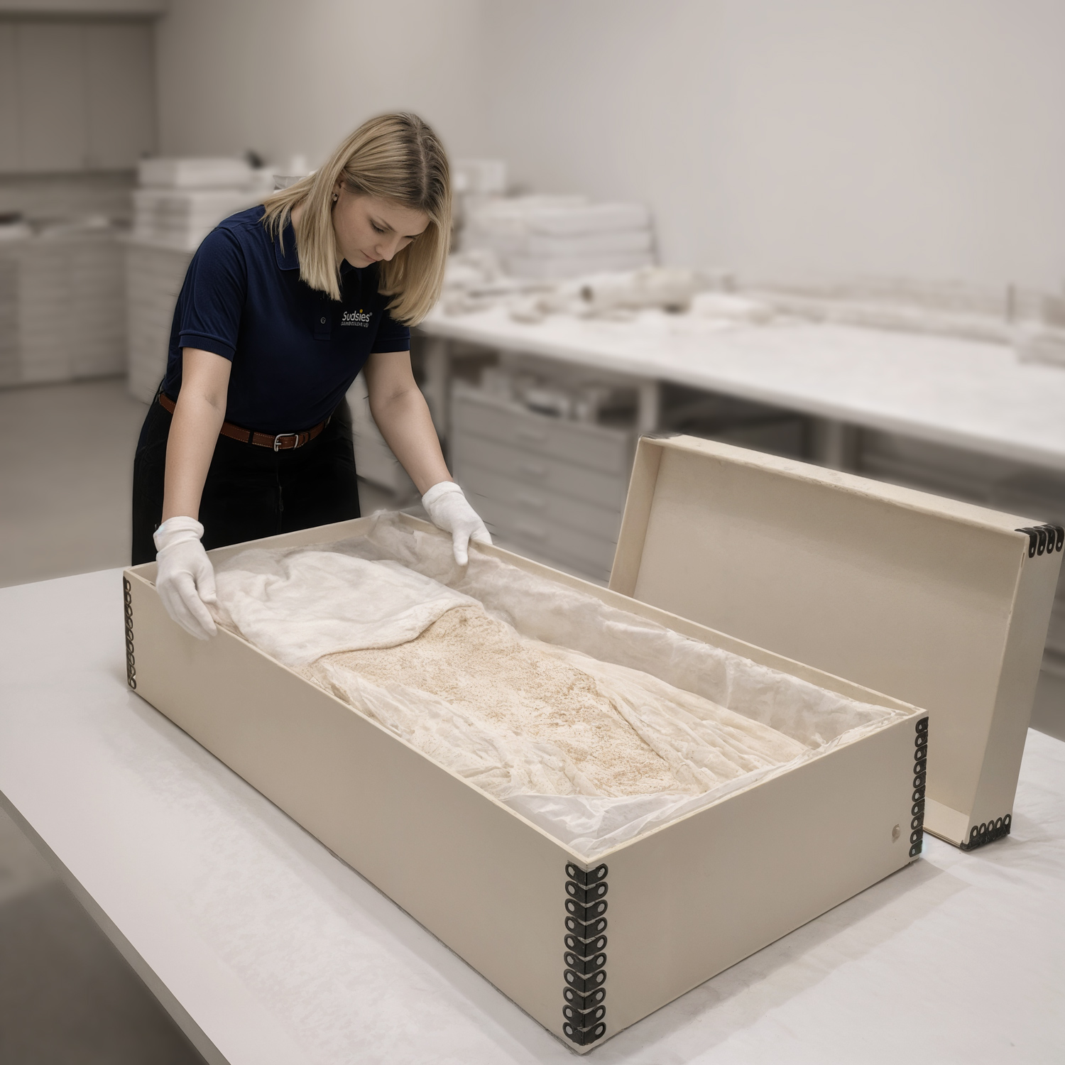 A woman wearing gloves and a navy polo spreads a light brown powder on parchment inside a large open box on a clean worktable.