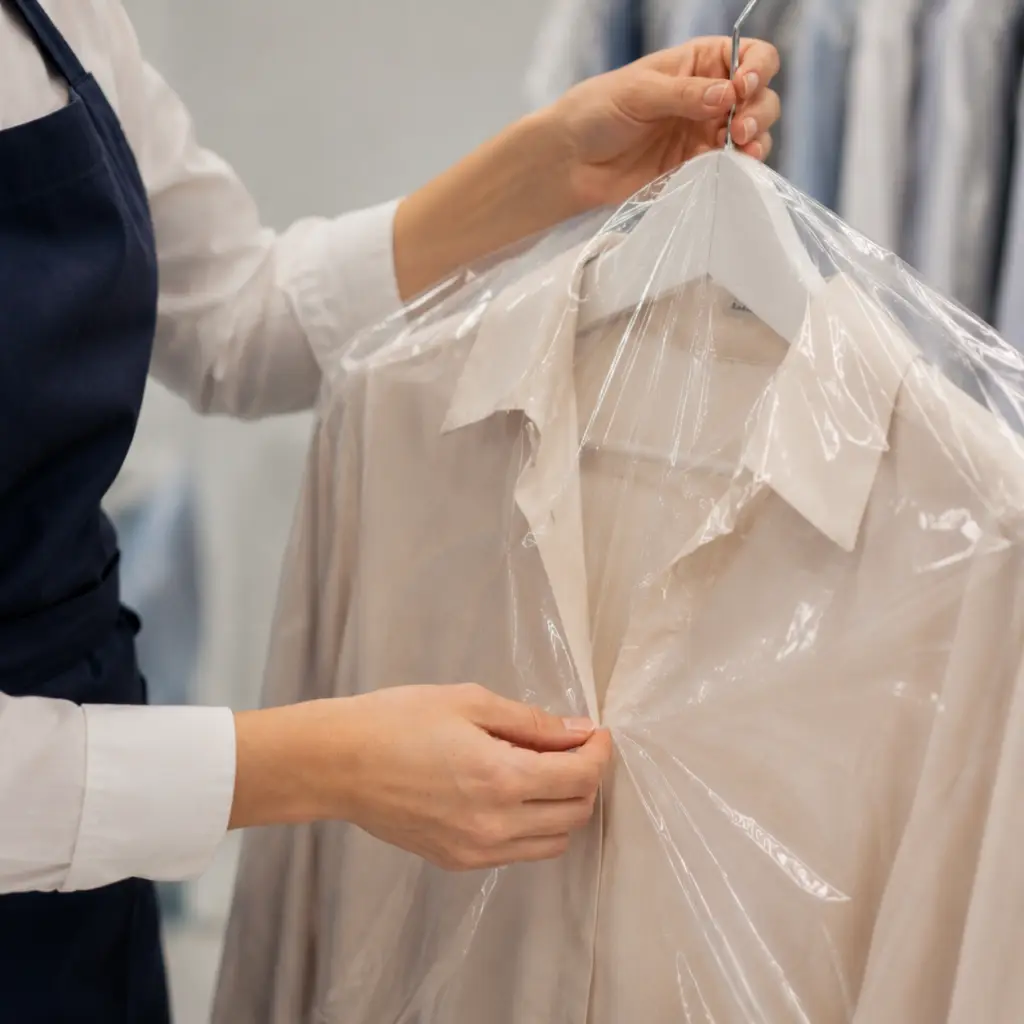 Person removes a clear plastic garment bag from a beige shirt on a hanger.