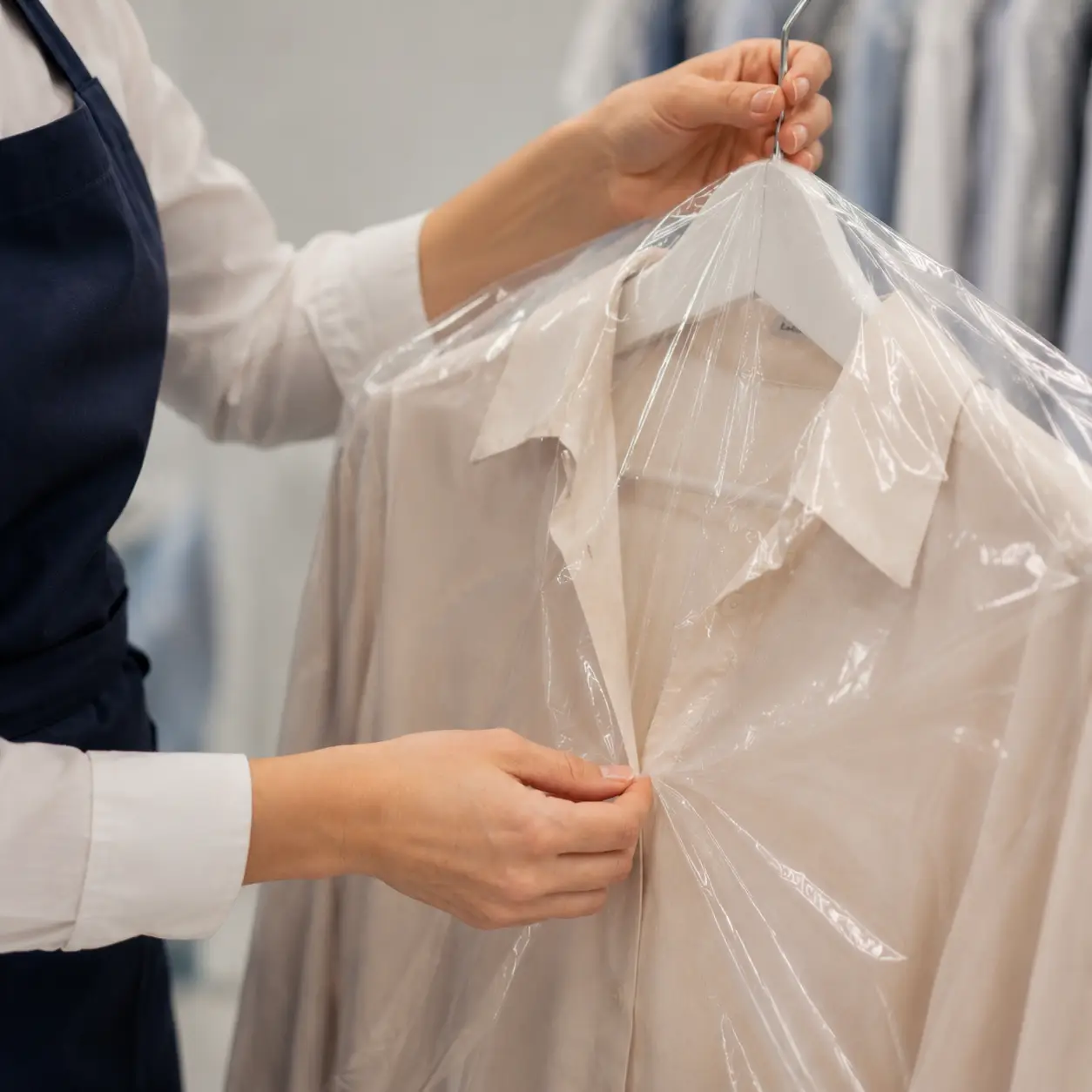 Person removes a clear plastic garment bag from a beige shirt on a hanger.