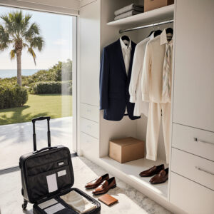 more-then-1 | Sudsies Open wardrobe by a window with a navy suit and white outfits on hangers, a cardboard box on the shelf, and an open suitcase with brown loafers nearby; ocean view outside.