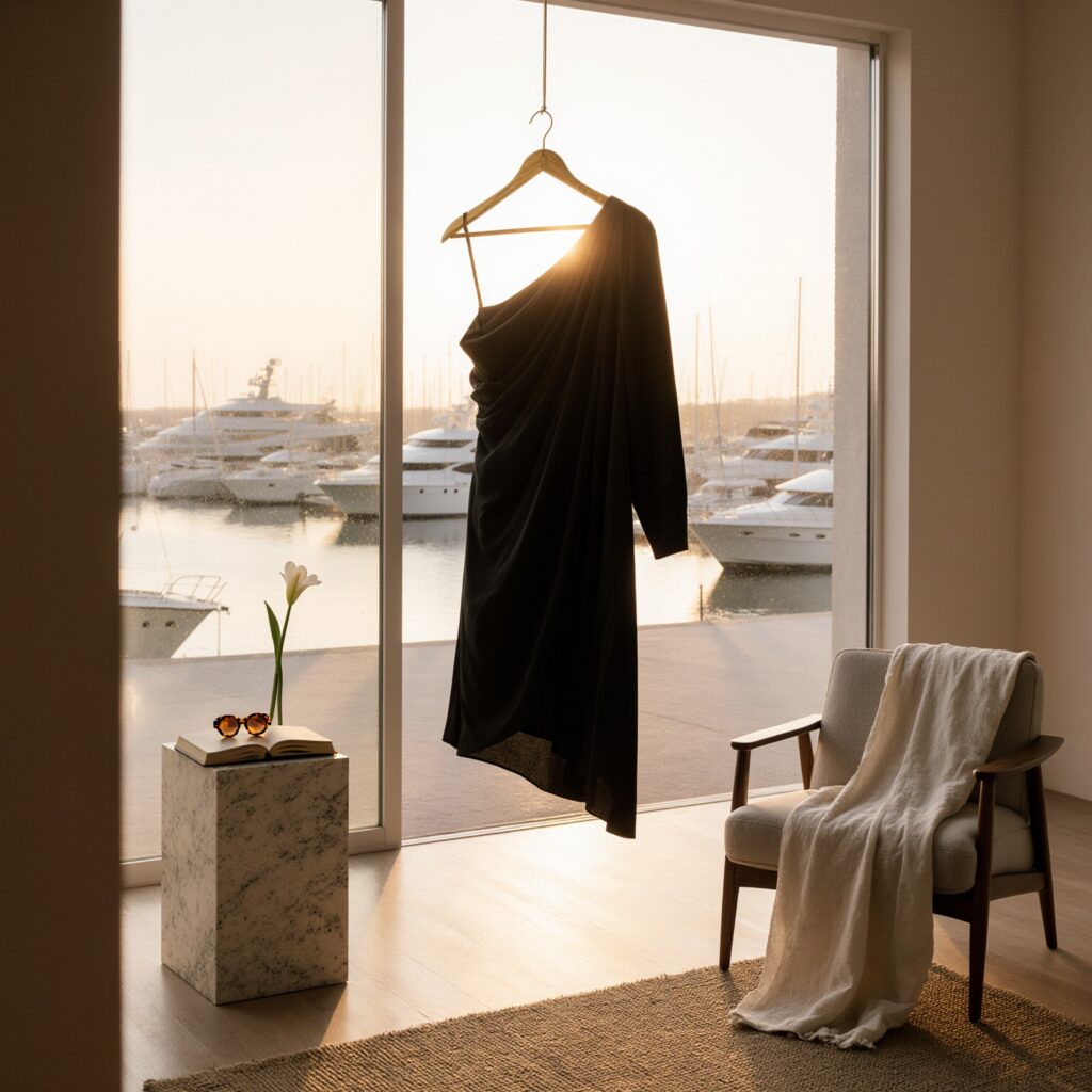 A sculptural black silk dress on a brass hanger in a minimalist room with marina view, symbolizing luxury garment care for the art fair traveler.