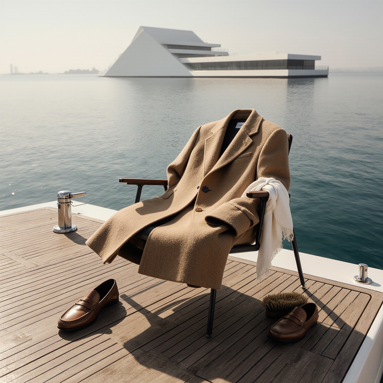 A camel cashmere coat draped over a minimalist deck chair on a private yacht in a Miami marina, with leather loafers and silk scarf, evoking climate-shifting wardrobe stewardship