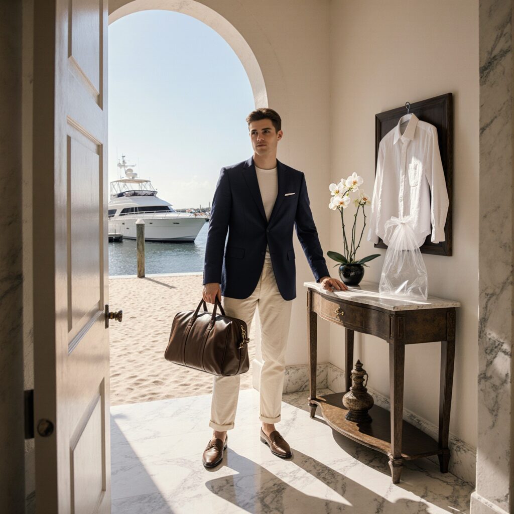 Young man in navy linen blazer and cream chinos standing in Coral Gables foyer with leather weekender bag and freshly pressed shirt in garment bag, yacht visible through window