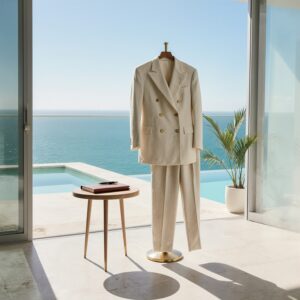 The Conference Wardrobe Guide for Warm-Weather Professionals | Sudsies Beige double-breasted suit on a hanger in a bright coastal showroom, with ocean view in the background and a small table with a notebook nearby.