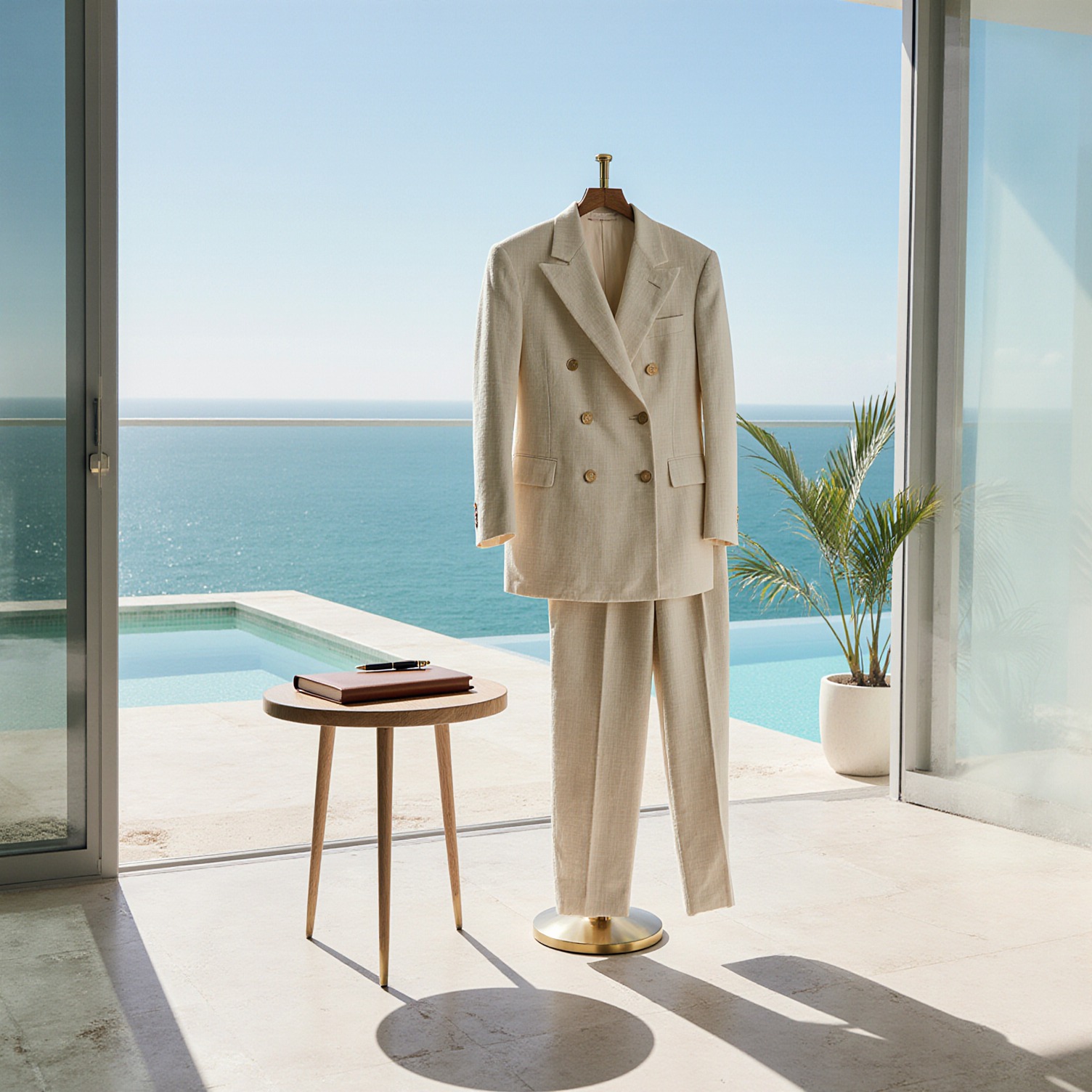 Beige double-breasted suit on a hanger in a bright coastal showroom, with ocean view in the background and a small table with a notebook nearby.