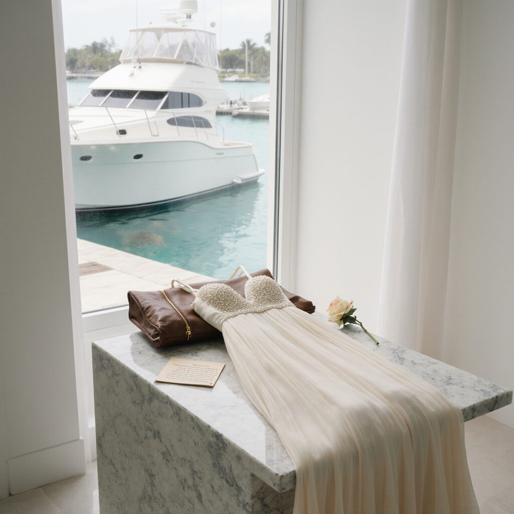 A delicate ivory silk chiffon evening gown on a travertine console in a Coral Gables living room overlooking a private marina, with a vintage garment bag and handwritten care note